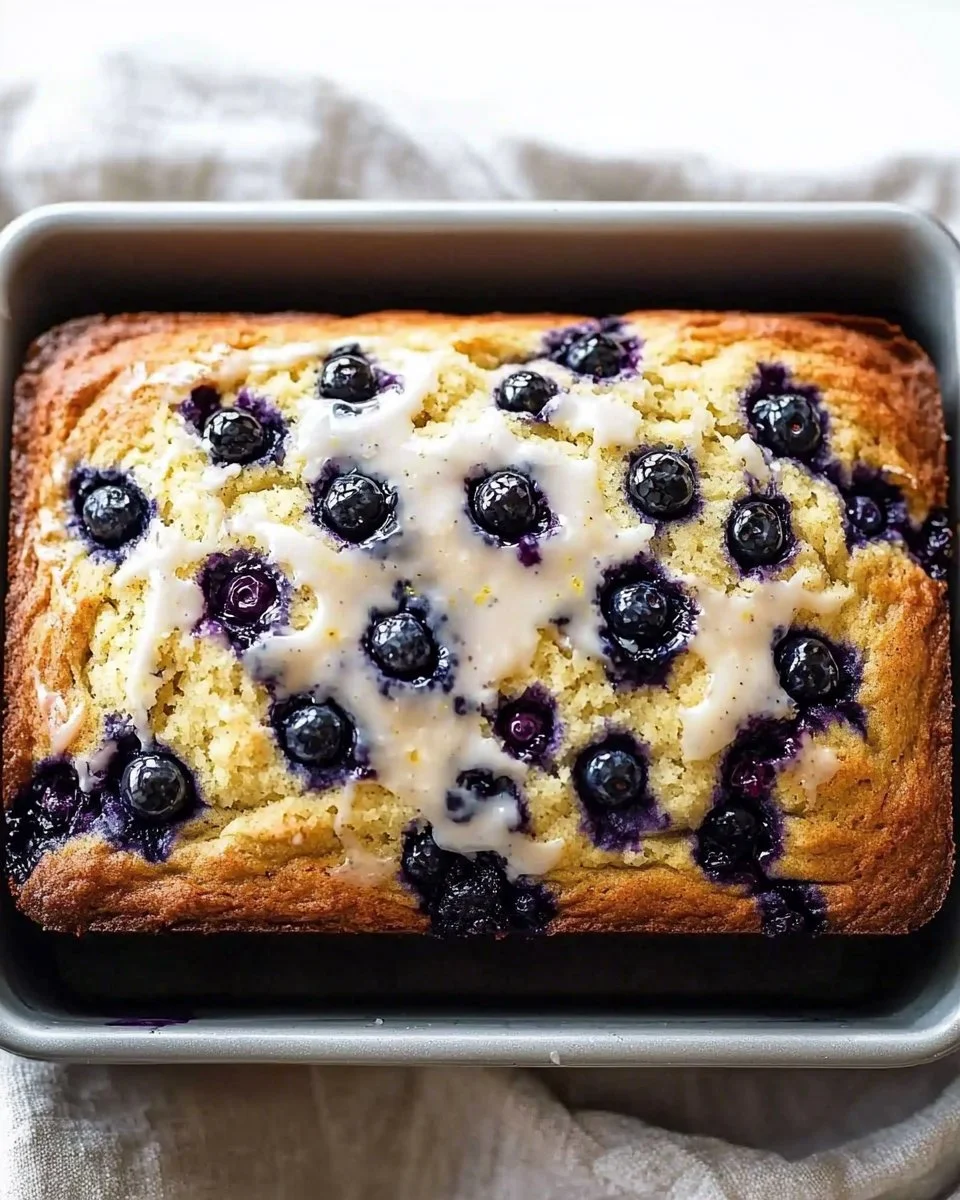 Slice of easy lemon blueberry bread with blueberries on a white plate
