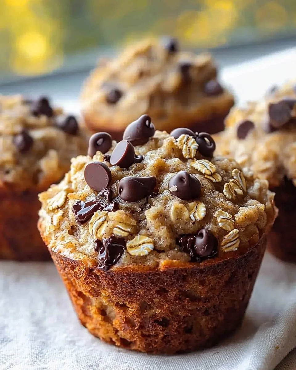 Freshly baked oatmeal chocolate chip muffins on a wooden table