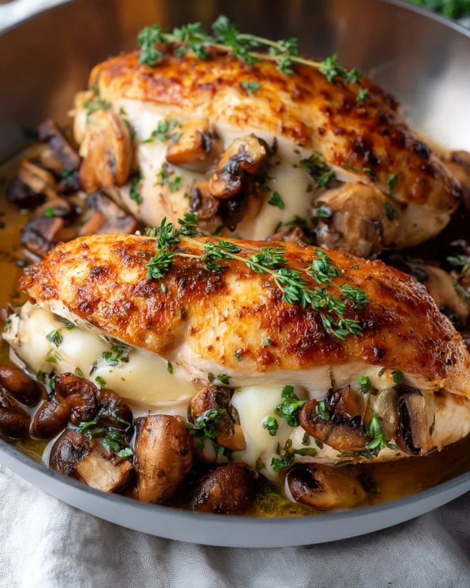 Mouthwatering mushroom stuffed chicken breast served on a plate.