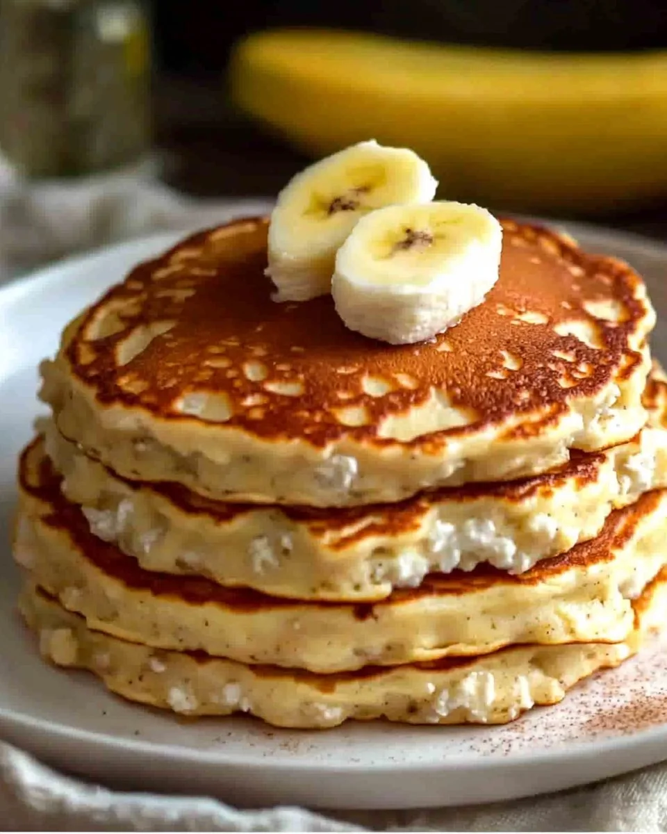 Fluffy banana pancakes with cottage cheese served on a plate