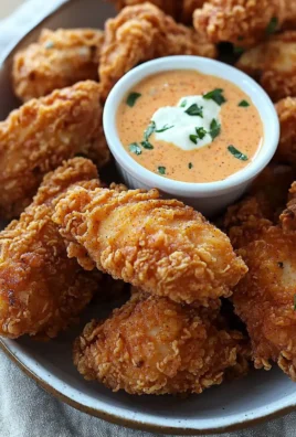 Crispy fried chicken tender bites with buffalo ranch dipping sauce