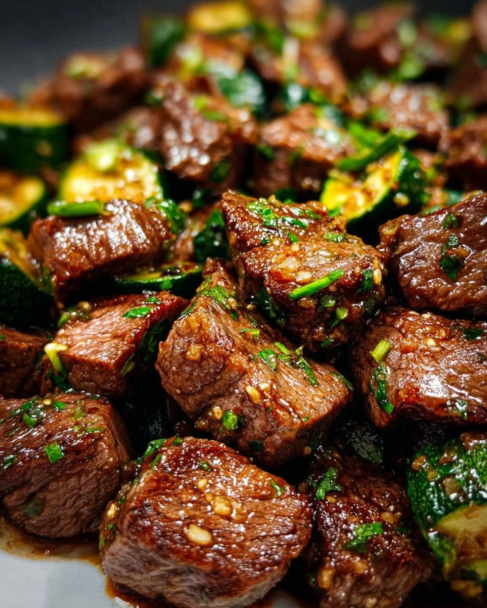 Garlic butter steak bites served sizzling on a plate with herbs and spices.