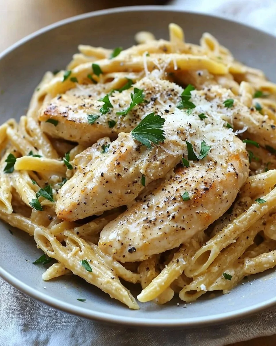 Garlic Parmesan Chicken served with pasta in a creamy sauce