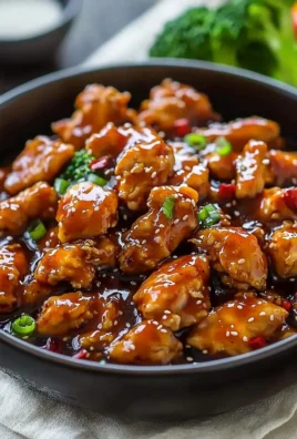 Plate of General Tso's Chicken garnished with sesame seeds and broccoli