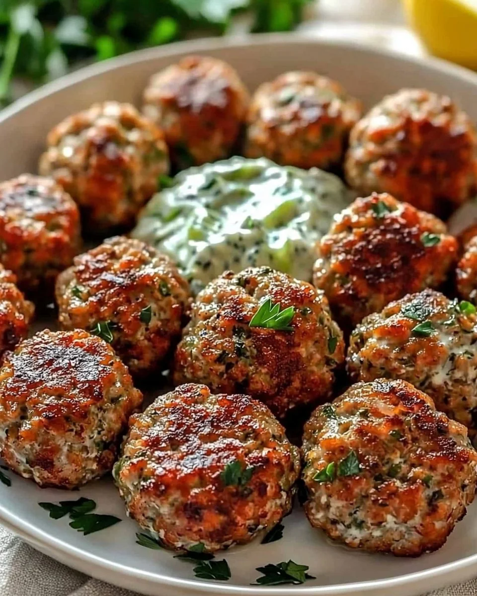 Greek Turkey Meatballs with Tzatziki Sauce on a plate