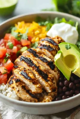 Grilled chicken burrito bowl with fresh vegetables and toppings