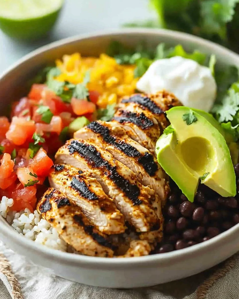 Grilled chicken burrito bowl with fresh vegetables and toppings
