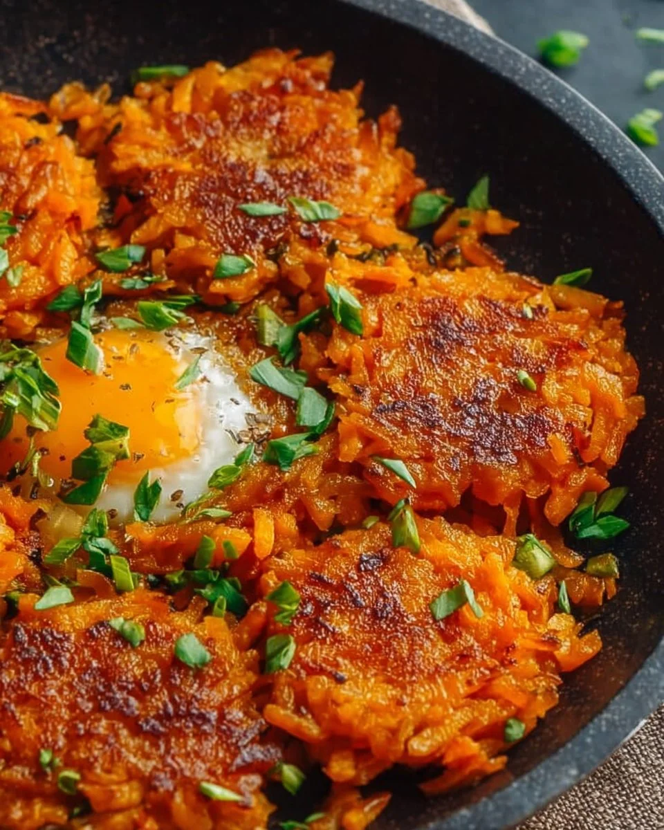 Healthy sweet potato hash browns served on a plate with herbs