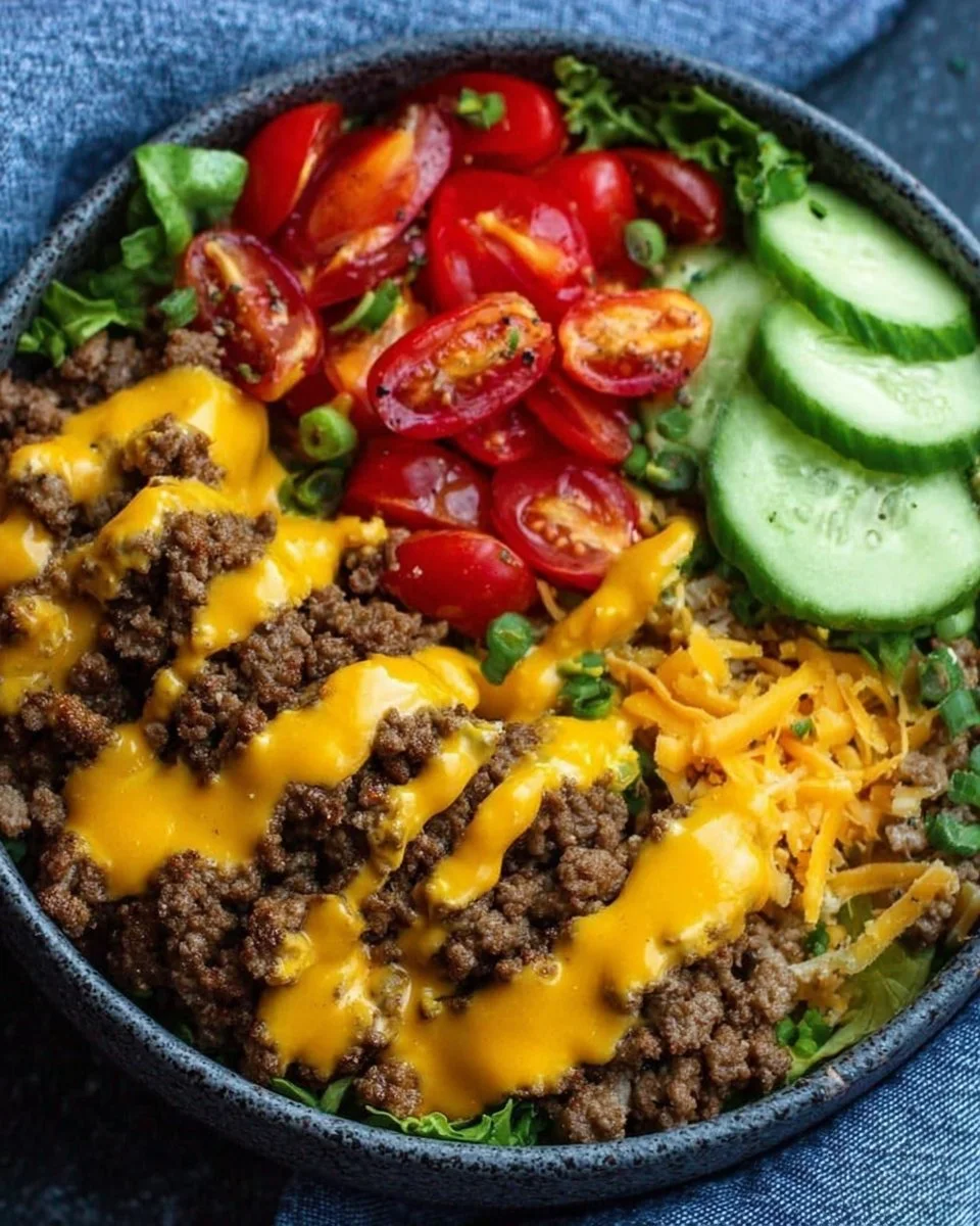 High-protein cheeseburger bowls with ground beef and burger sauce