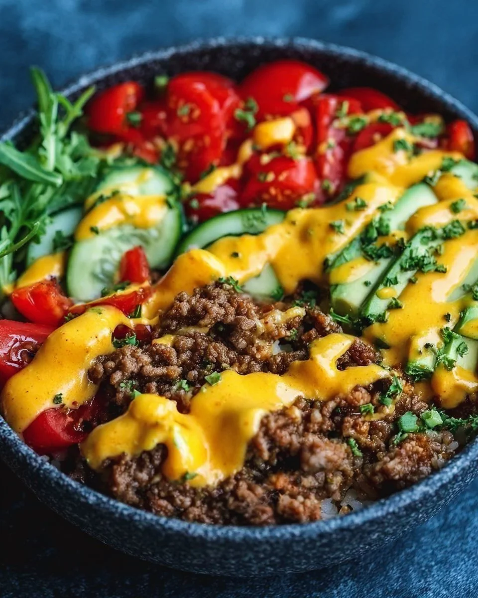 High-protein cheeseburger bowls recipe with ground beef and burger sauce