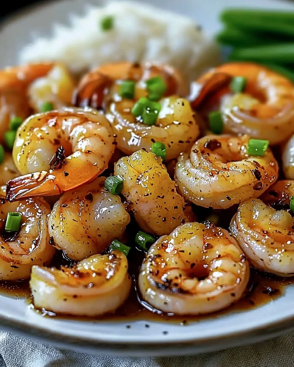 High-protein honey garlic shrimp served on a plate with garnishes.