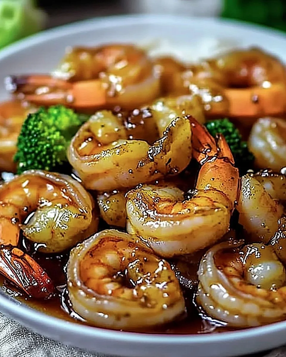 Plate of high-protein honey garlic shrimp garnished with green onions.