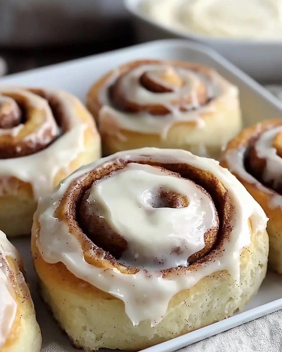 Freshly baked homemade cinnamon rolls with frosting on a cooling rack