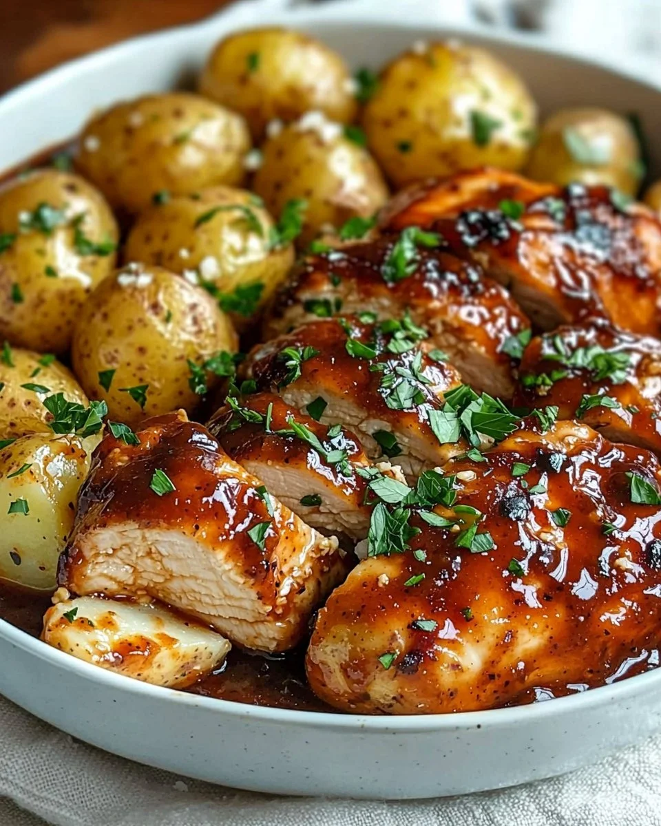 Honey BBQ Chicken with Garlic Parmesan Potatoes on a plate