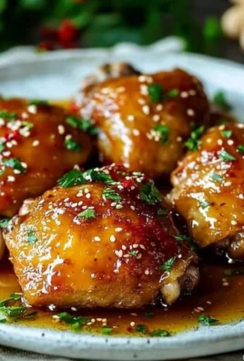Honey garlic chicken thighs served on a plate with fresh herbs.