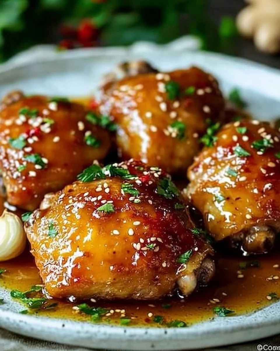 Honey garlic chicken thighs served on a plate with fresh herbs.