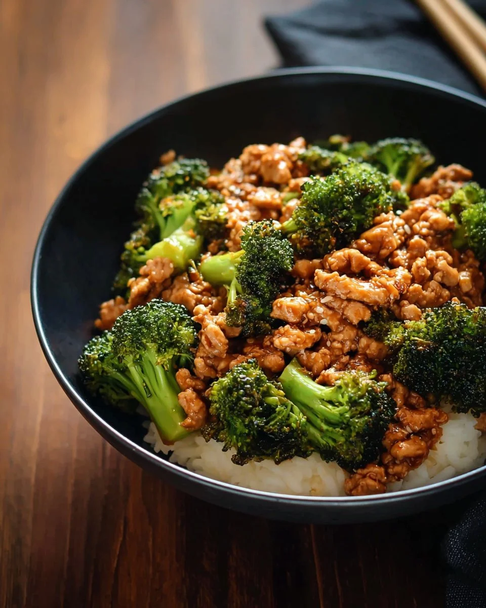 Honey Sriracha Ground Chicken stir-fry with broccoli