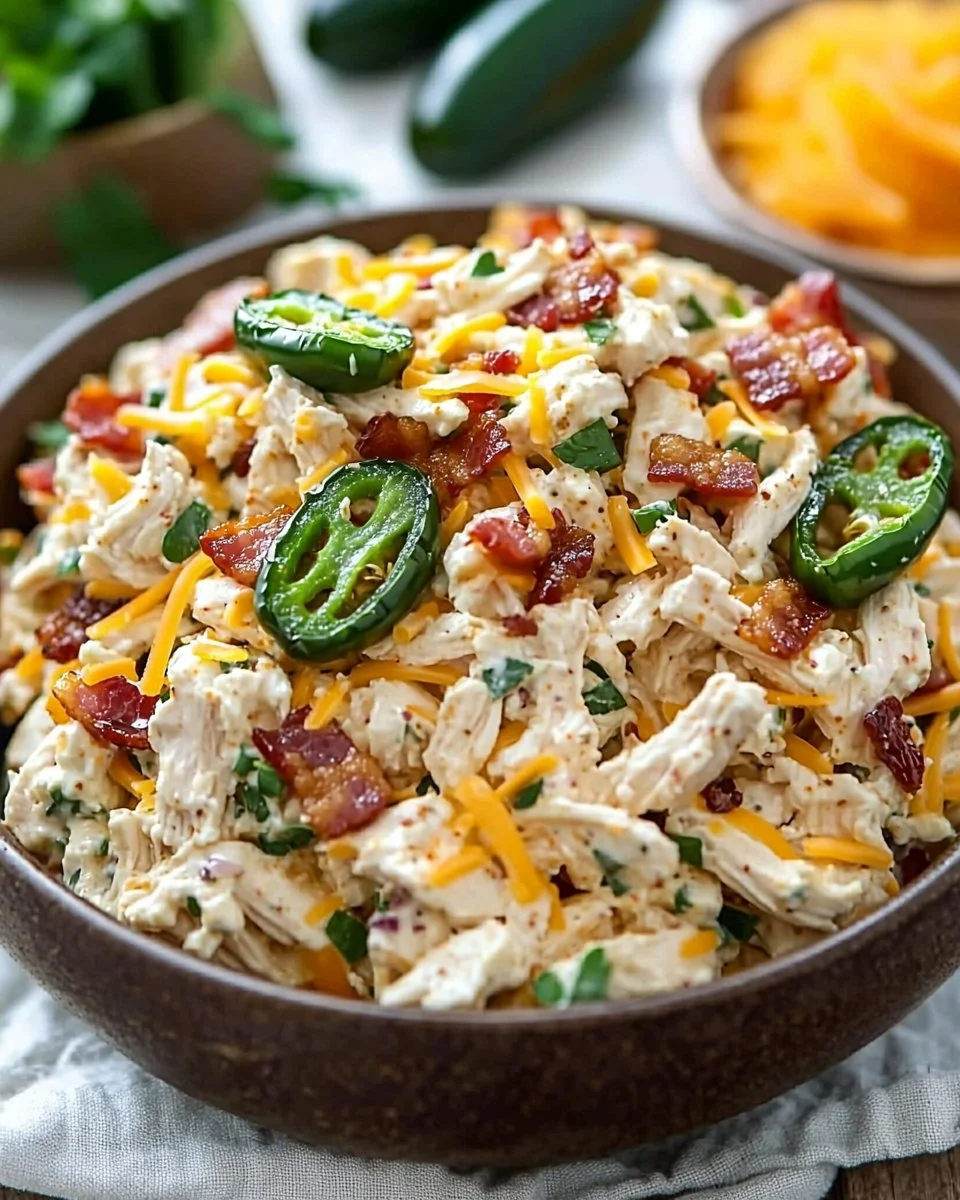 Bowl of Jalapeño Popper Keto Chicken Salad garnished with jalapeños and herbs