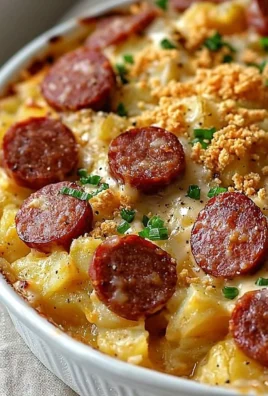 Cheesy potato Kielbasa casserole topped with melted cheese