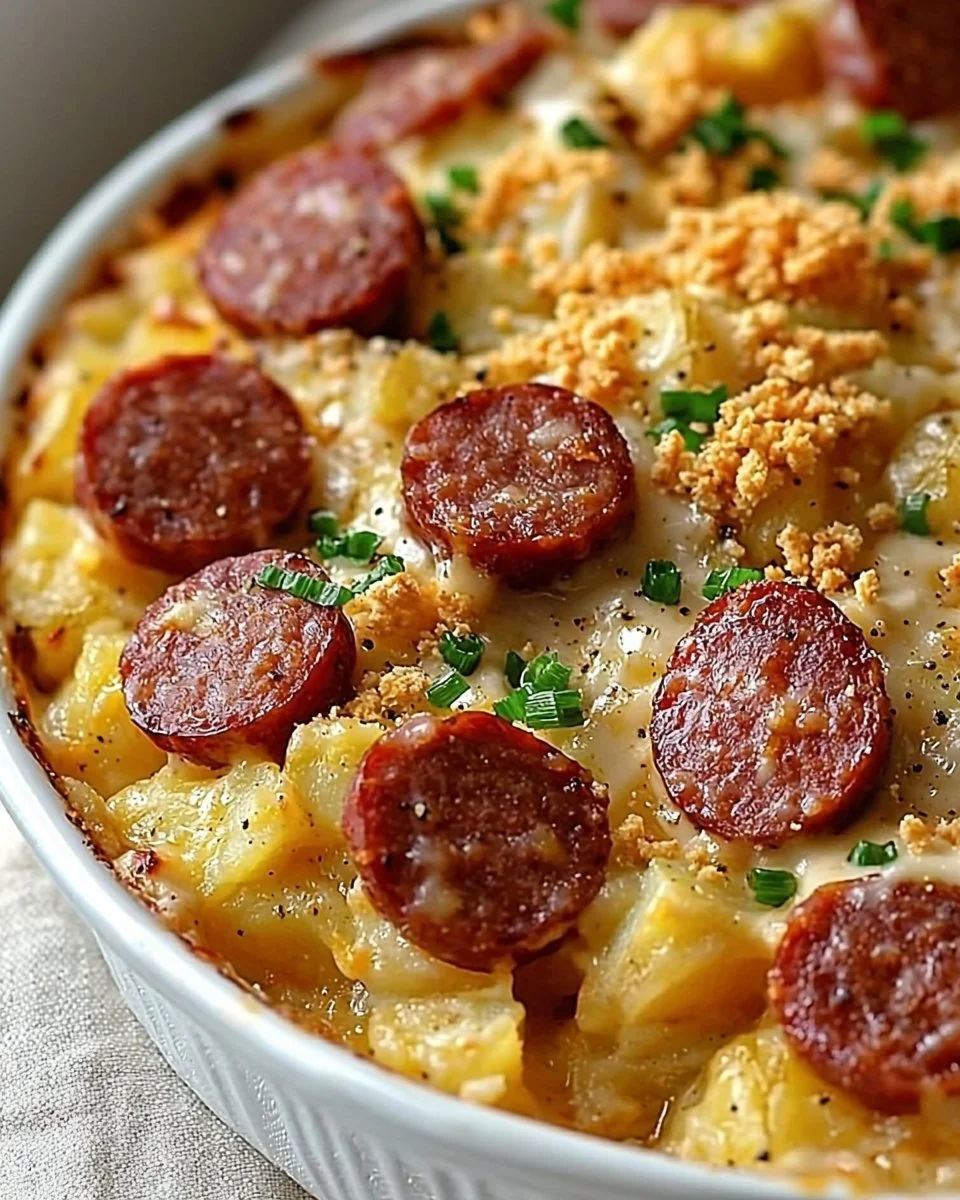 Cheesy potato Kielbasa casserole topped with melted cheese