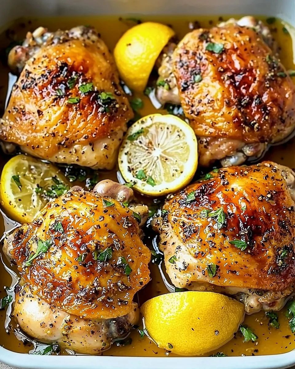 Lemon chicken dish garnished with herbs and lemon slices, served on a plate.
