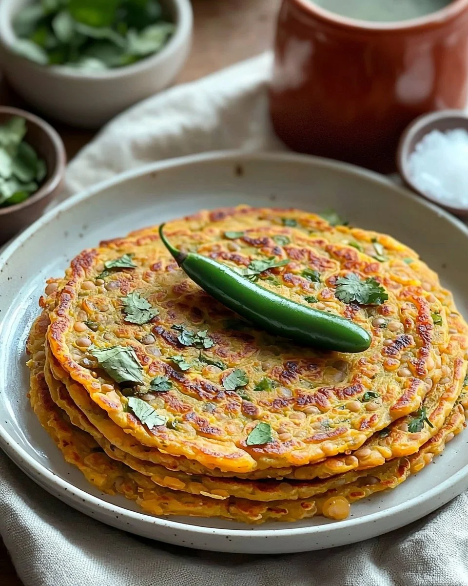 Healthy and flavorful Lentil Pancake served on a plate with fresh herbs