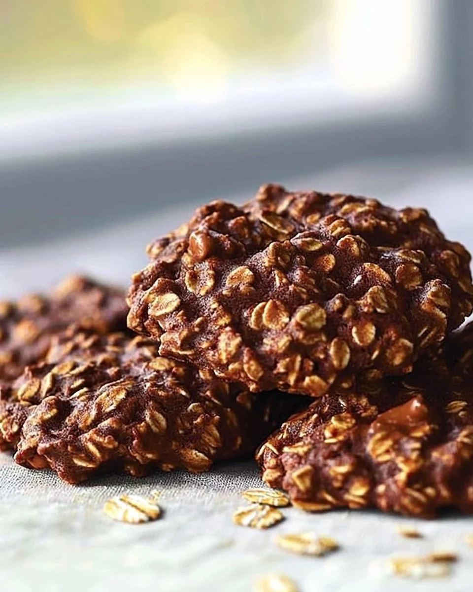 Plate of no bake chocolate oatmeal cookies stacked high.