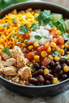 One-Pan Chicken Burrito Bowl with rice, beans, chicken, and fresh toppings