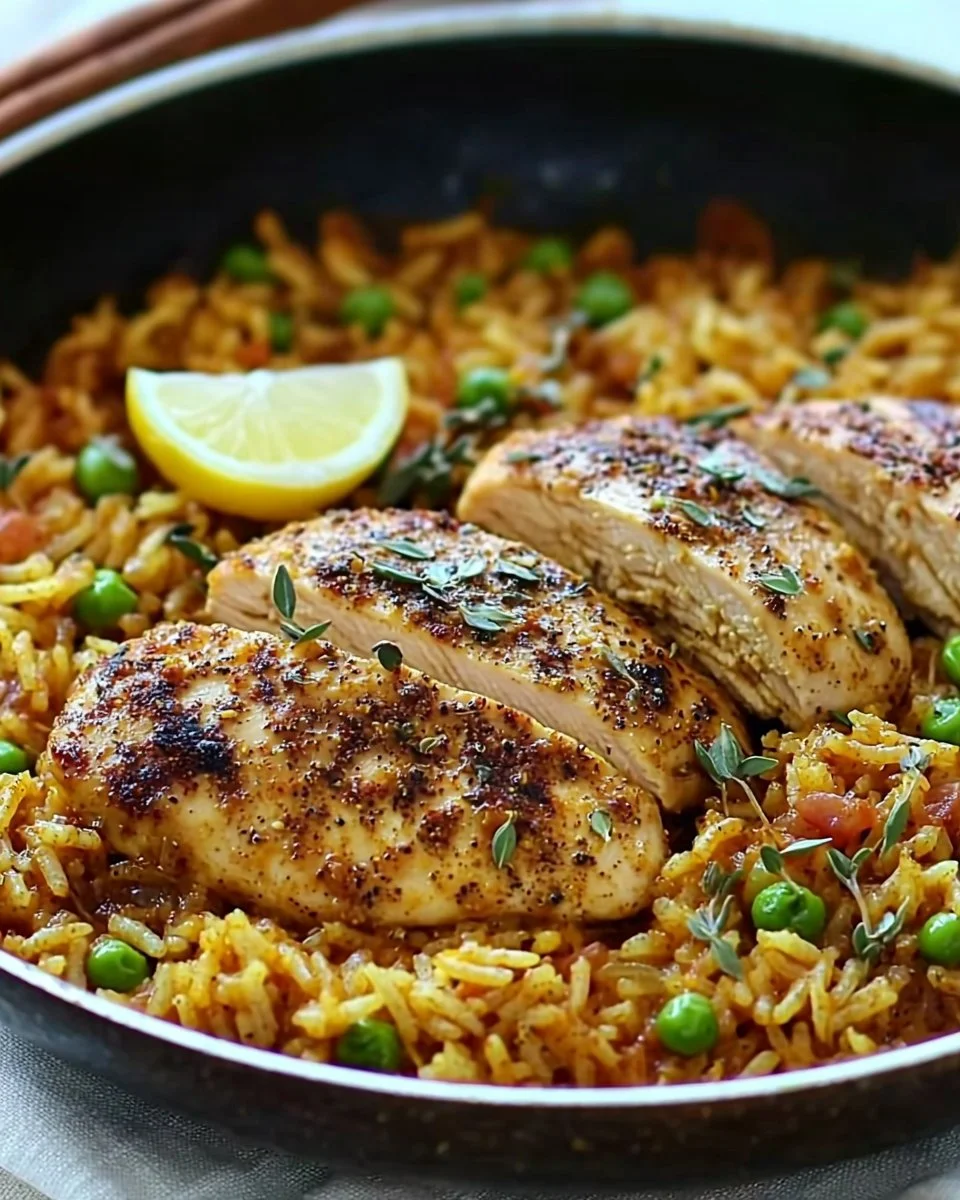 Delicious One Pan Mediterranean Chicken with rice and vibrant vegetables