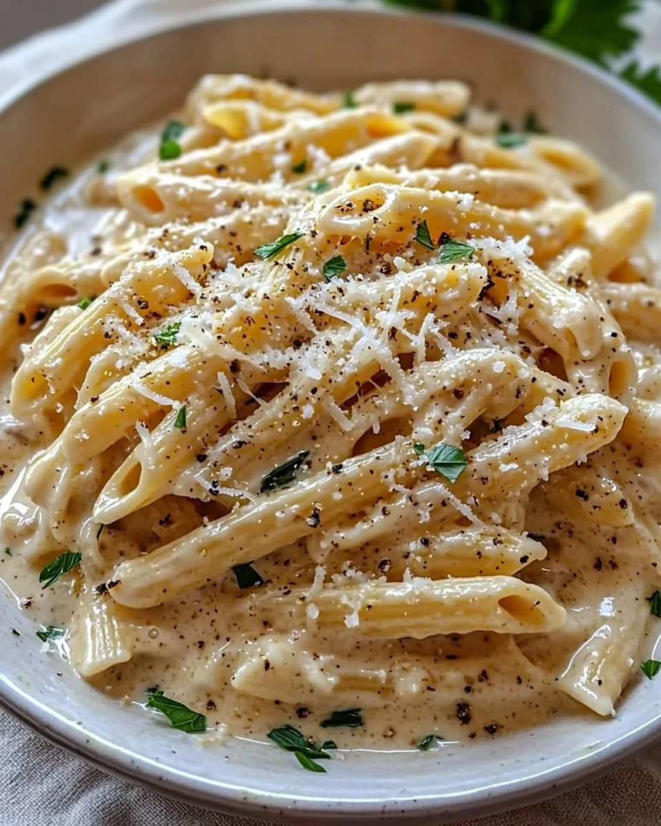 One Pot Creamy Garlic Pasta served in a bowl with parsley garnish