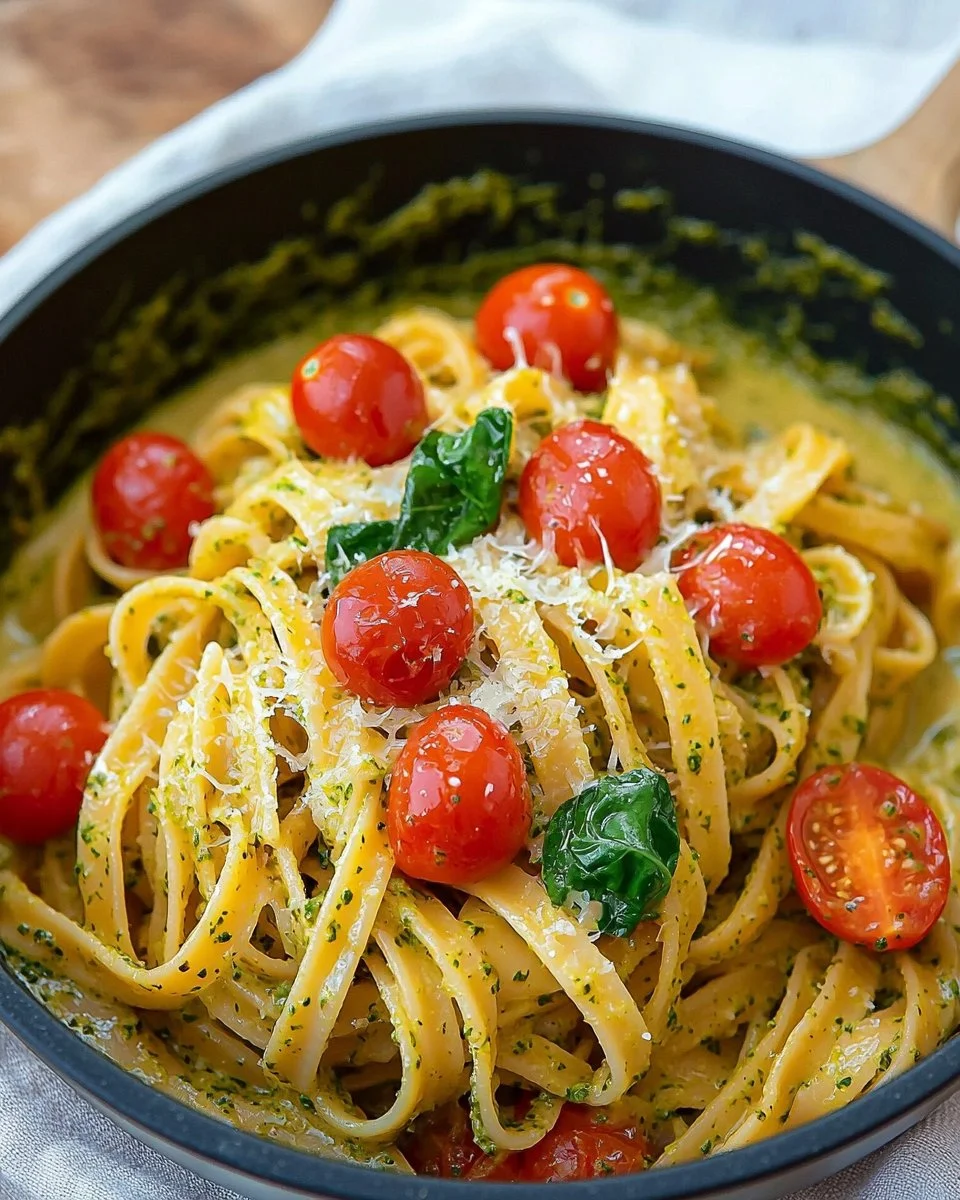 A delicious bowl of one pot creamy pesto pasta with fresh basil and pine nuts