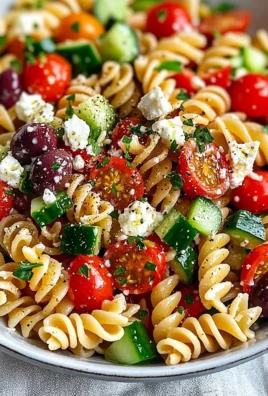 Colorful pasta salad with fresh vegetables and dressing in a bowl