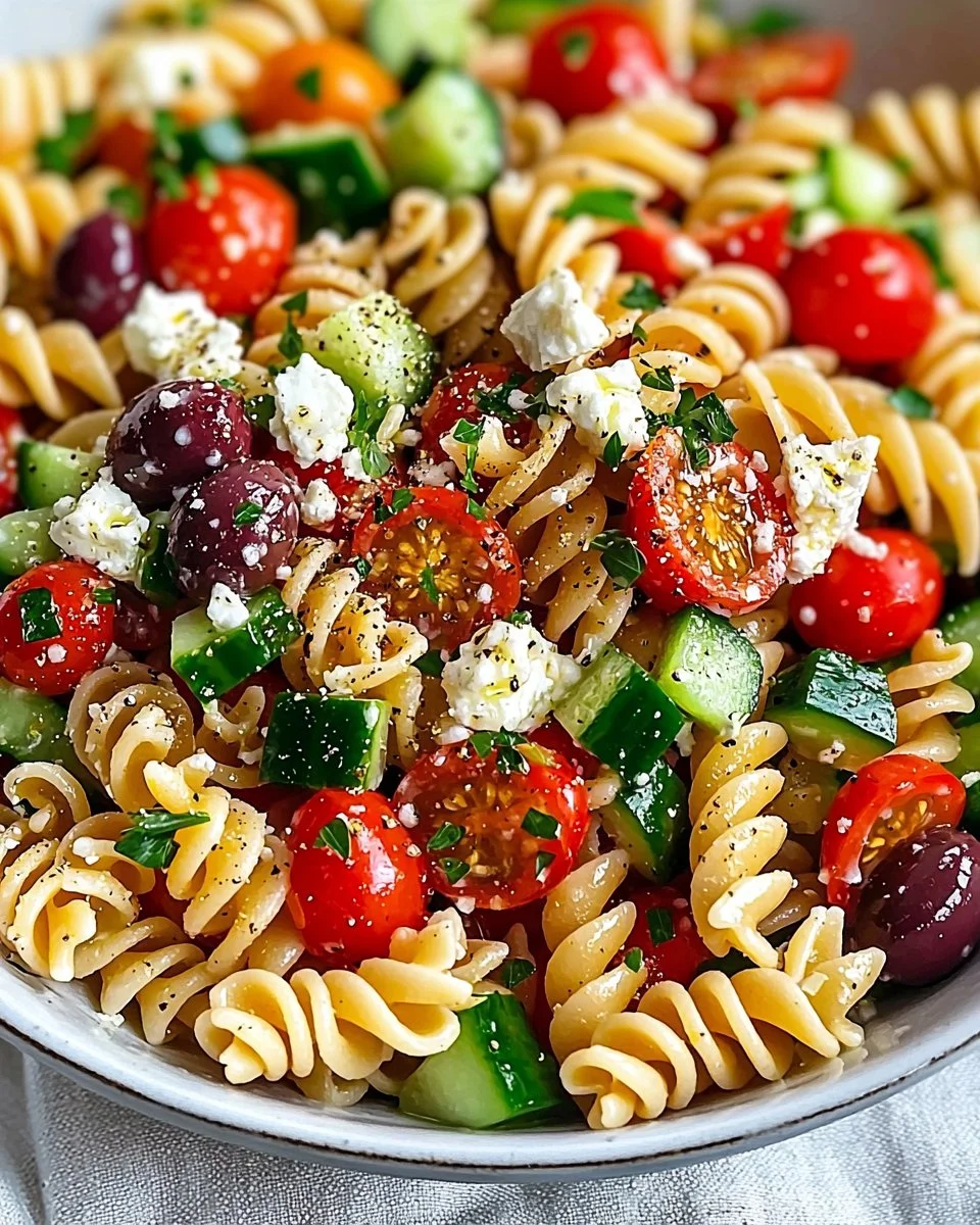 Colorful pasta salad with fresh vegetables and dressing in a bowl