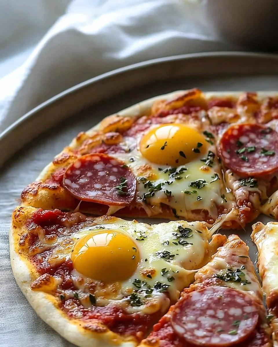 Pizza Eggs with toppings served on a plate, a delicious breakfast idea.