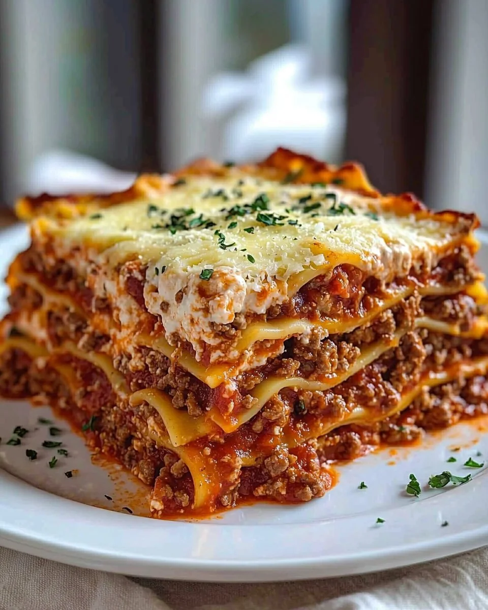 Delicious quick and easy lasagna served with fresh herbs and cheese on top.