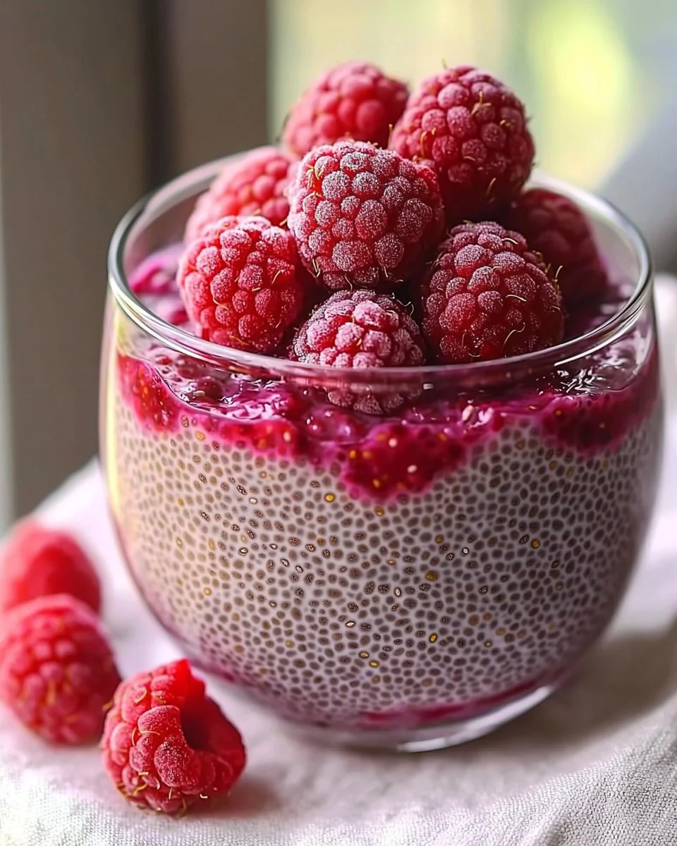 Delicious Raspberry Chia Pudding topped with fresh raspberries and coconut