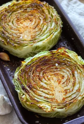 Delicious roasted cabbage steaks served on a plate with seasoning.