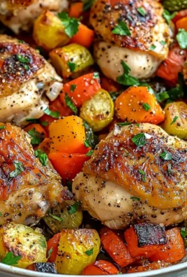 Roasted garlic chicken with colorful roasted vegetables on a baking tray.