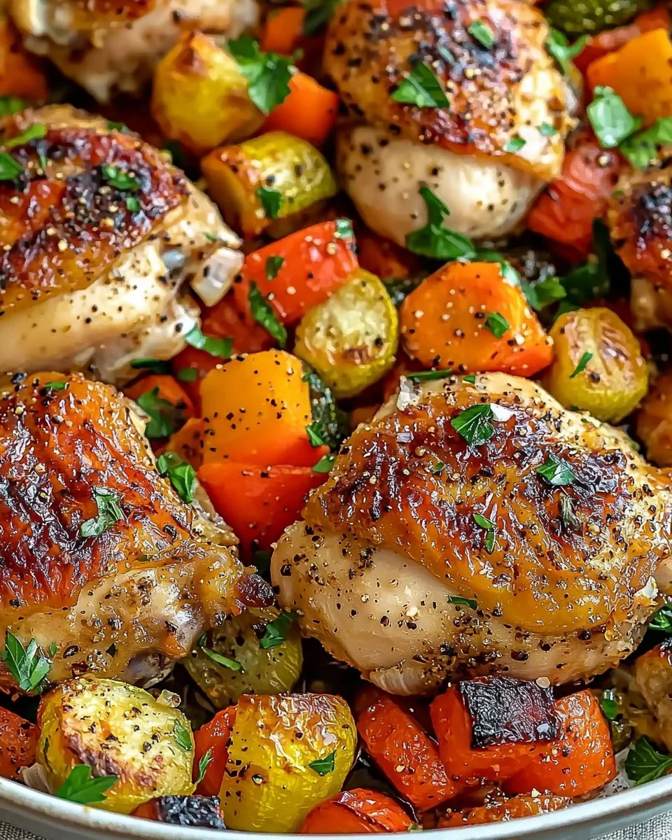 Roasted garlic chicken with colorful roasted vegetables on a baking tray.