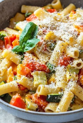 Delicious roasted vegetable pasta primavera with colorful vegetables and herbs.