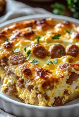 Sausage and Egg Casserole served in a baking dish topped with herbs