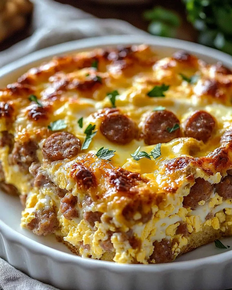 Sausage and Egg Casserole served in a baking dish topped with herbs