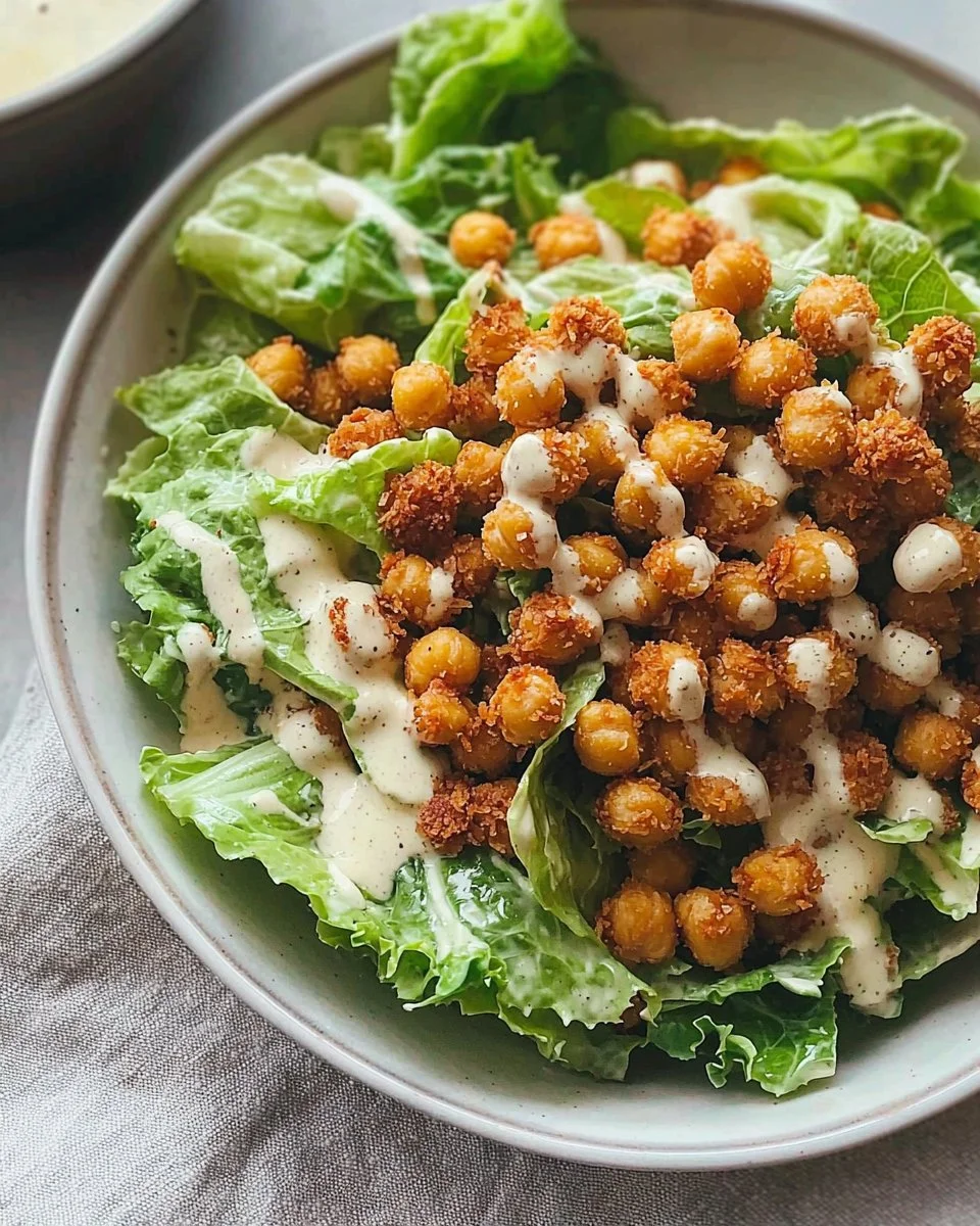 Simple Romaine Caesar Salad with Crispy Chickpea Croutons