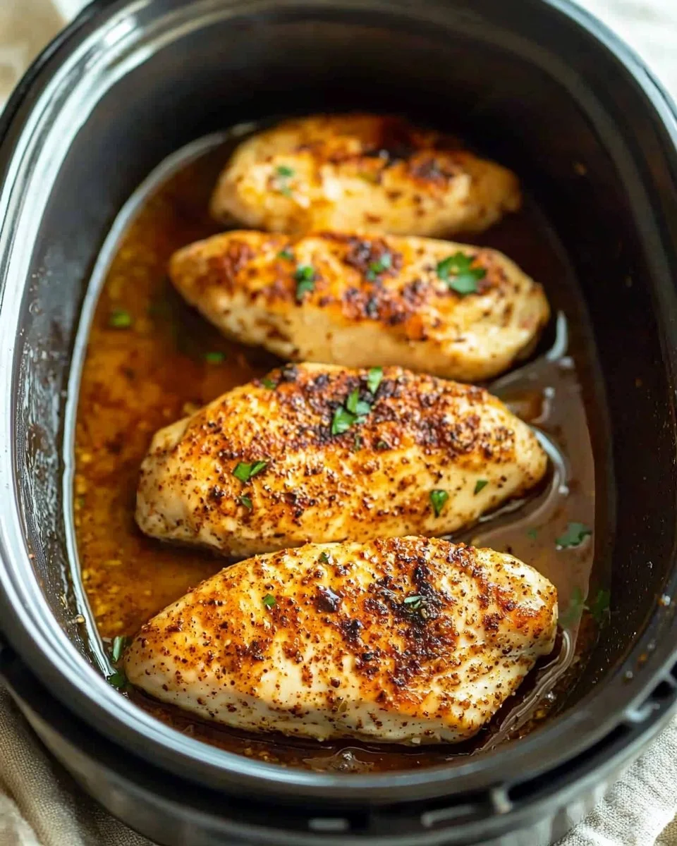 Tender slow cooker chicken breasts served with vegetables