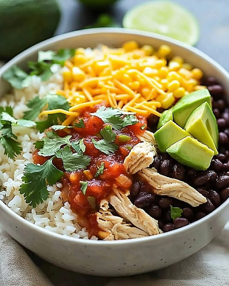 Delicious Slow Cooker Chicken Burrito Bowl topped with fresh ingredients