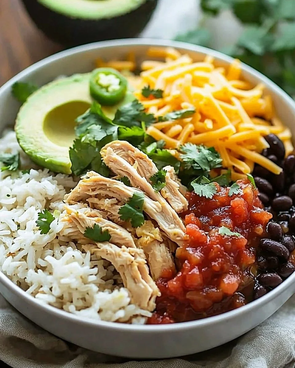 Delicious slow cooker chicken burrito bowl topped with fresh ingredients.