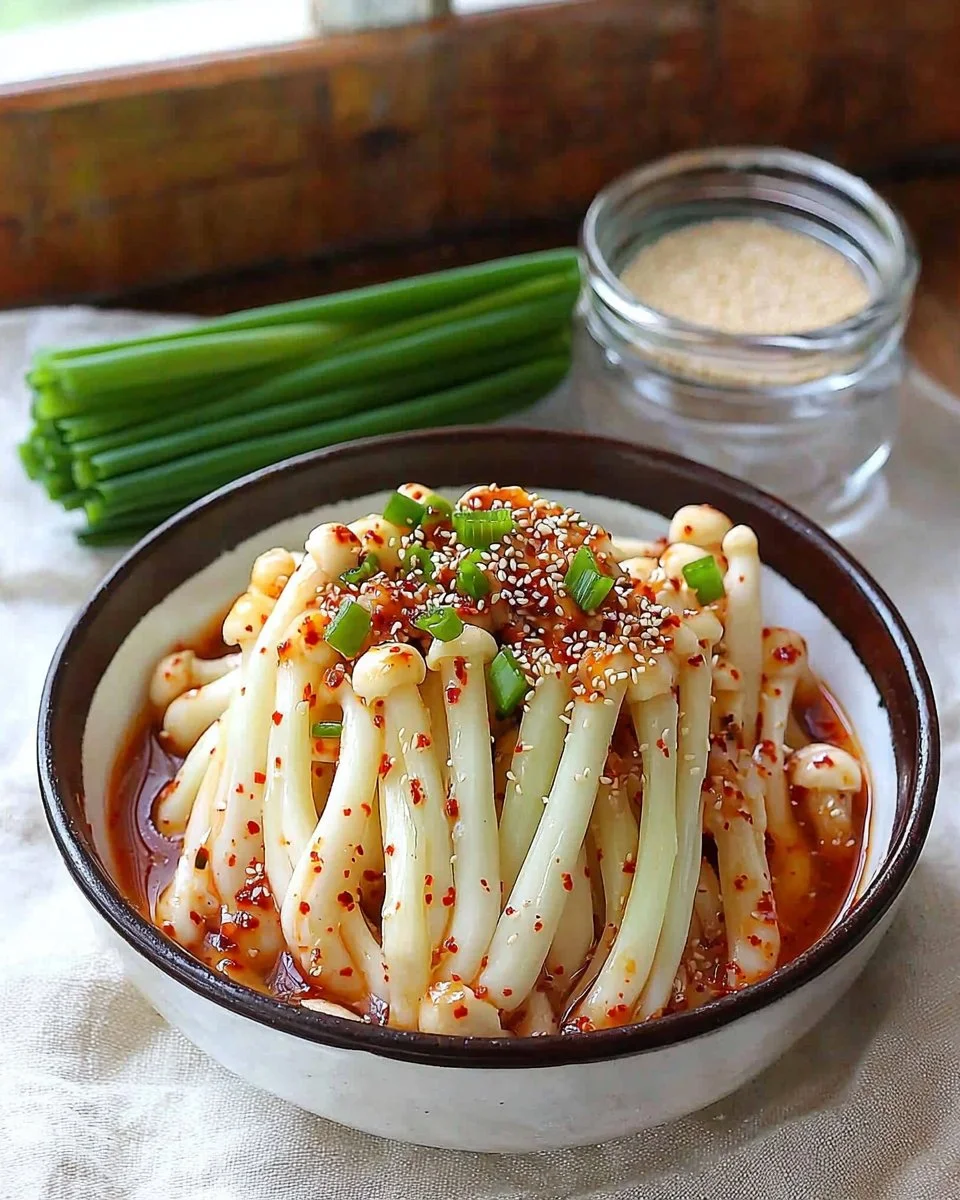 Plate of spicy enoki mushroom dish garnished with herbs