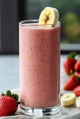 Delicious strawberry banana smoothie in a glass with fresh fruit.