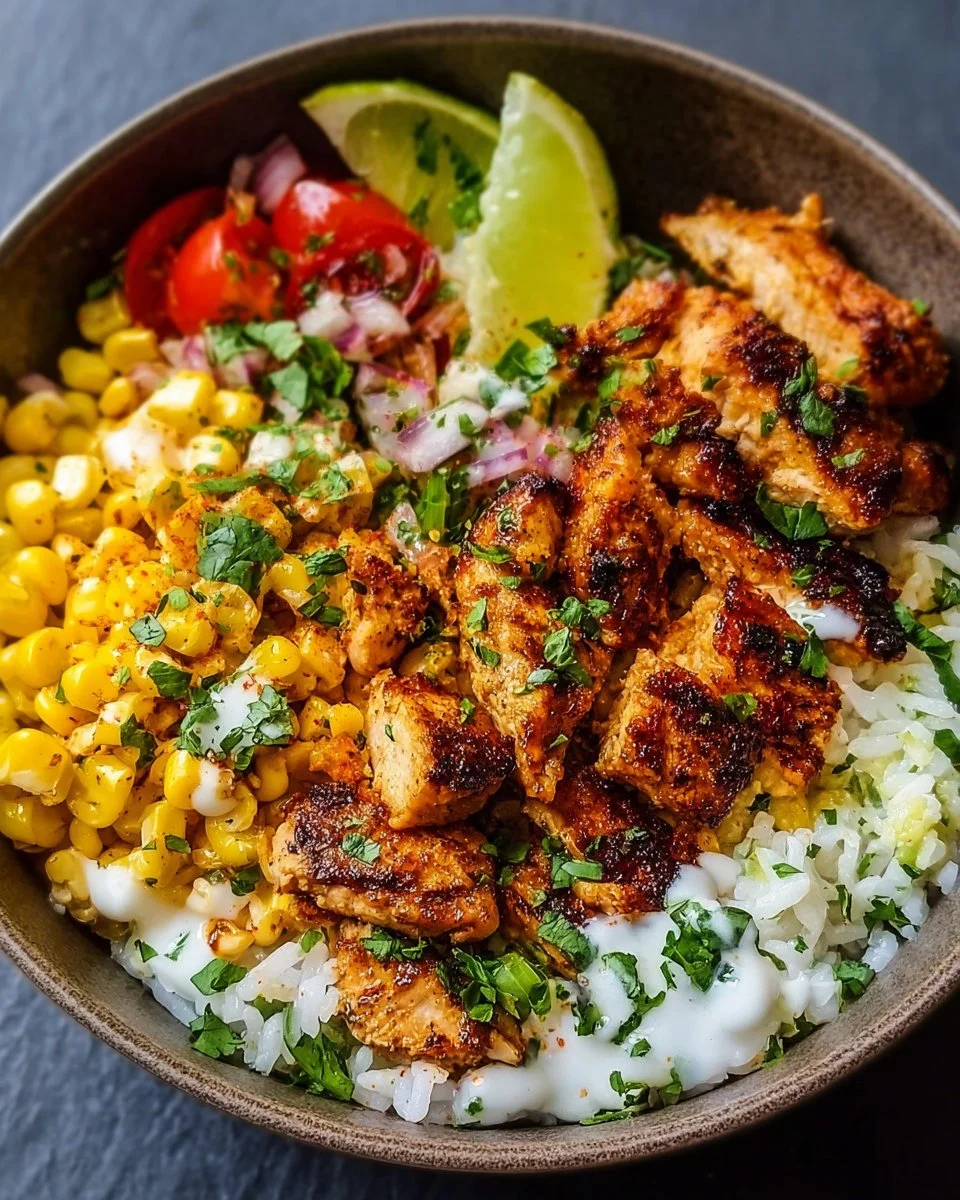 Delicious Street Corn Chicken Rice Bowl with grilled chicken, corn, and spices.