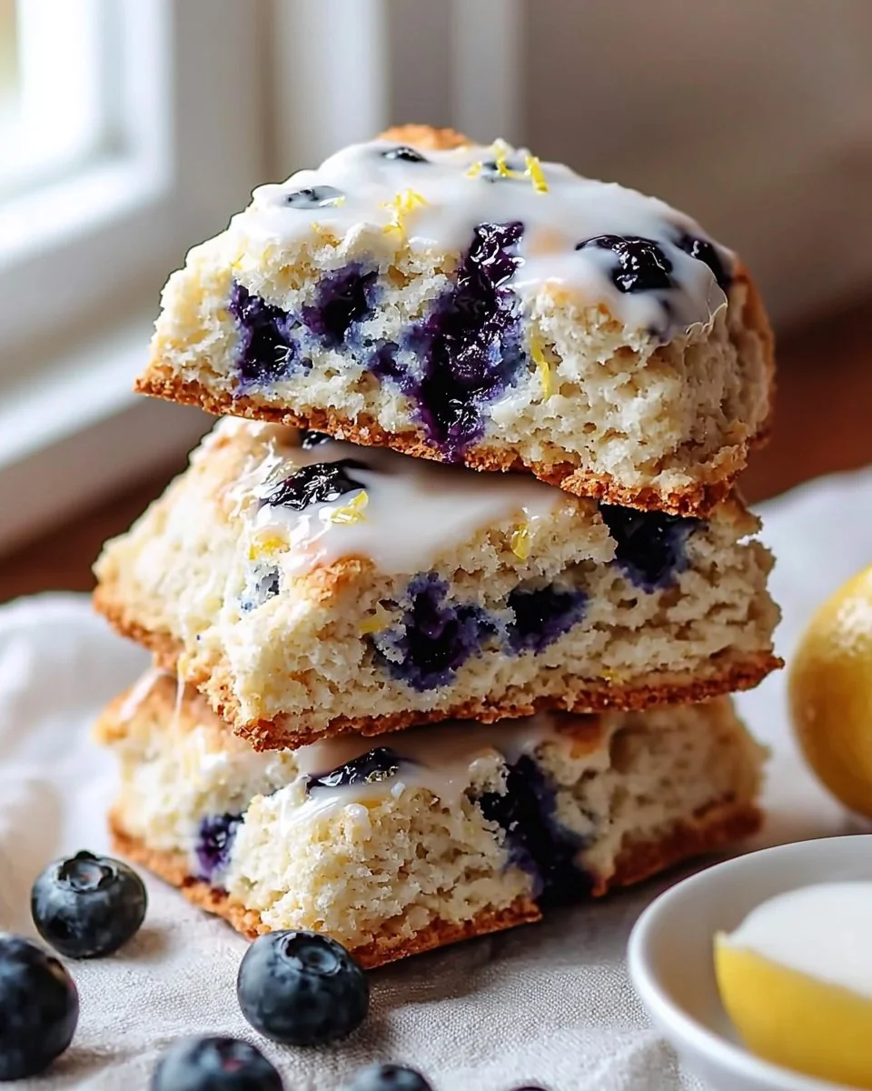 Delicious blueberry lemon scones on a baking tray, freshly made.